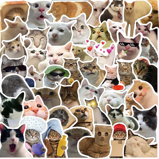 Funny Cat Meme Stickers Cute Cat Stickers 50PCS Kawaii Pet Stickers Pack for Adults Waterproof Vinyl Stickers for Water Bottle Laptop Scrapbook Luggage Guitar Decals Party Supplies (Cat A)